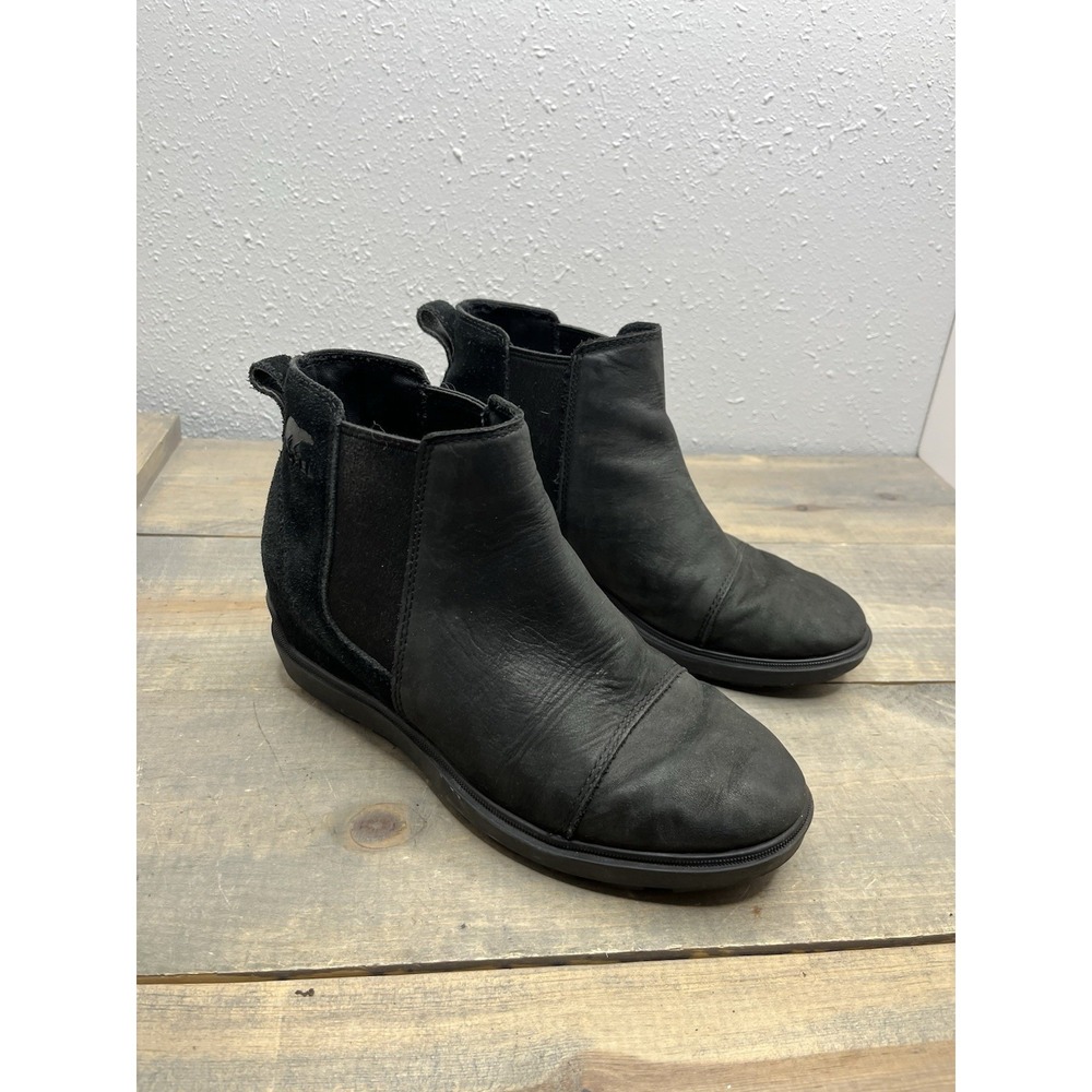 Sorel Evie II Black Leather Waterproof Chelsea Boots Ankle Booties Womens Sz 7